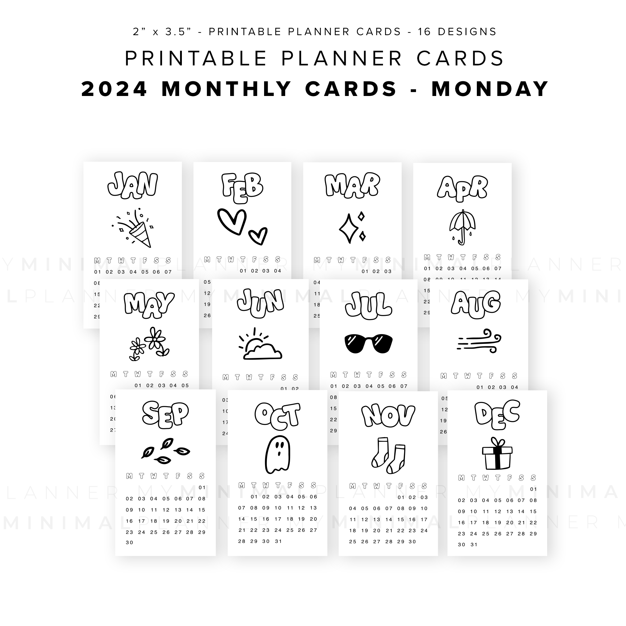 PPC24 - 2024 Monthly Planner Cards - Printable Planner Cards
