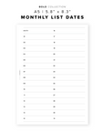 PR331 - Monthly List Dates - Printable Insert