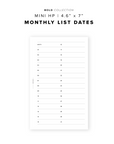 PR331 - Monthly List Dates - Printable Insert