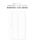PR331 - Monthly List Dates - Printable Insert