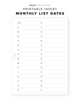PR331 - Monthly List Dates - Printable Insert