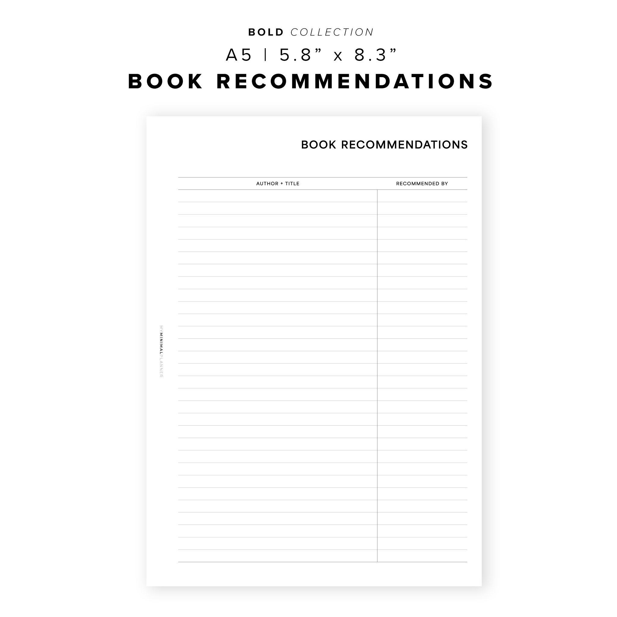 PR200 Book Recommendations Printable Insert My Minimal Planner