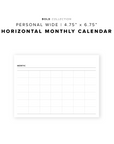 PR205 - Horizontal Monthly Calendar - Printable Insert