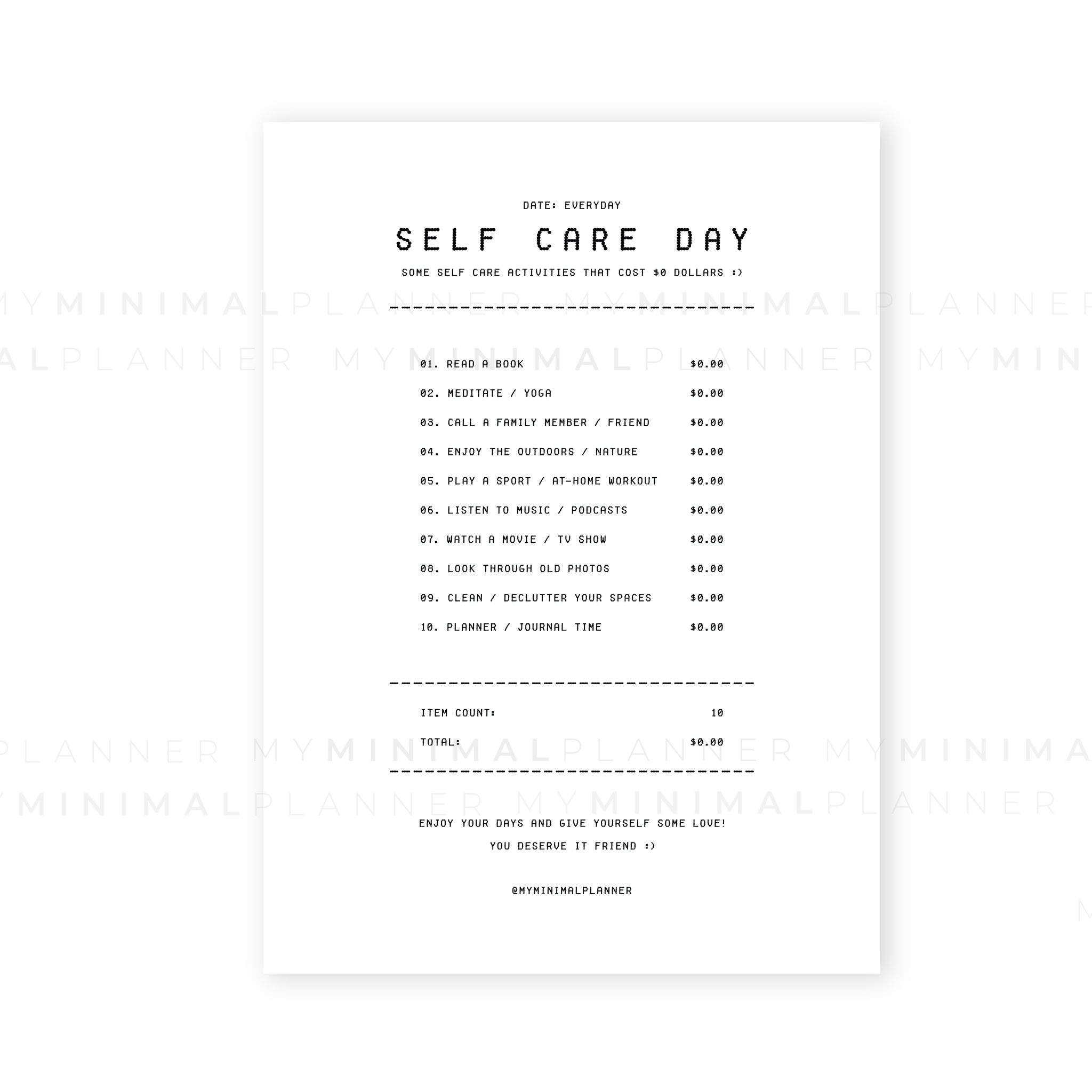 PRD115 - Self Care Receipt - Printable Dashboard