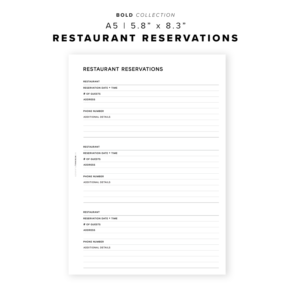 PR272 - Restaurant Reservations - Printable Insert – My Minimal Planner