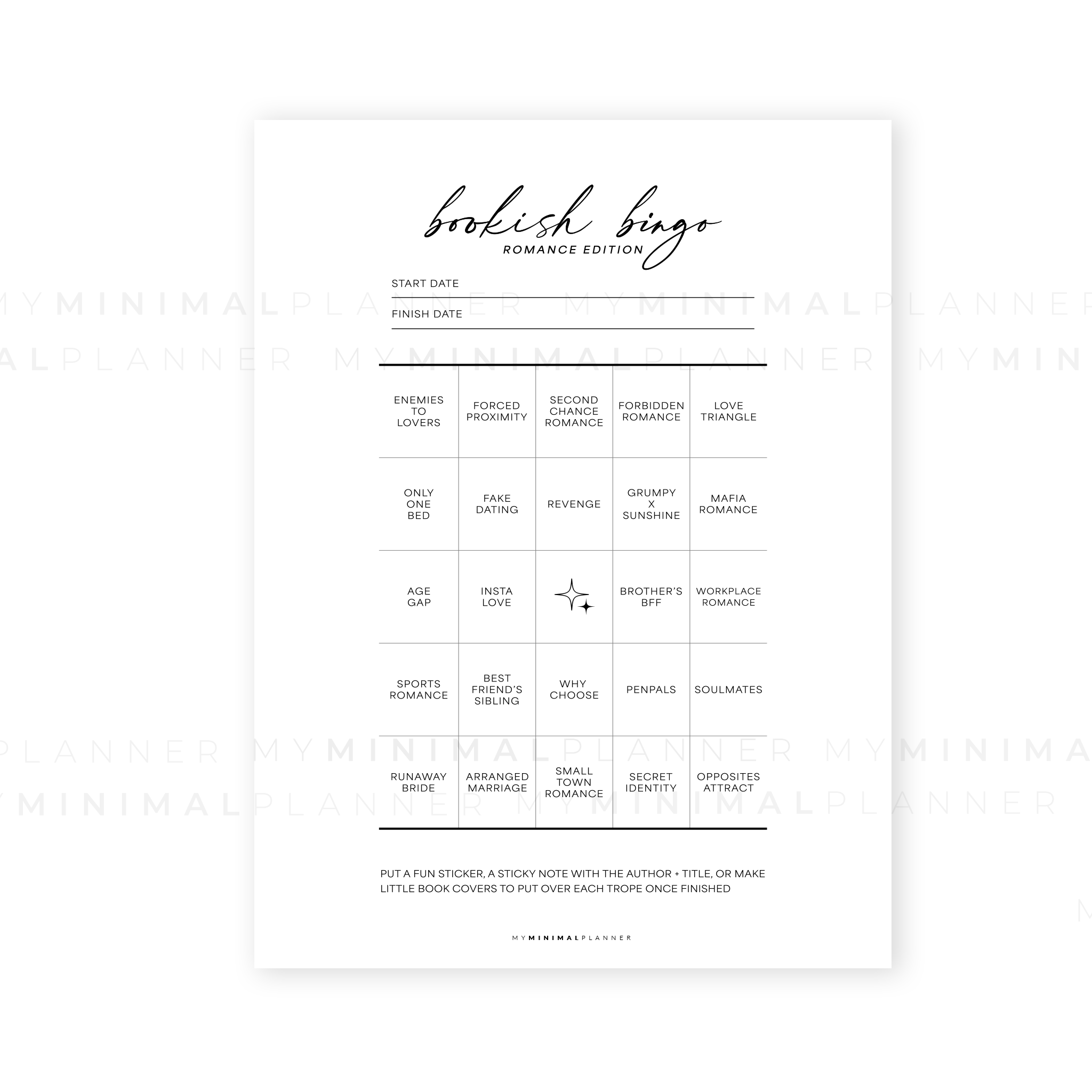 PRD169 - Romance Bookish Bingo - Printable Dashboard