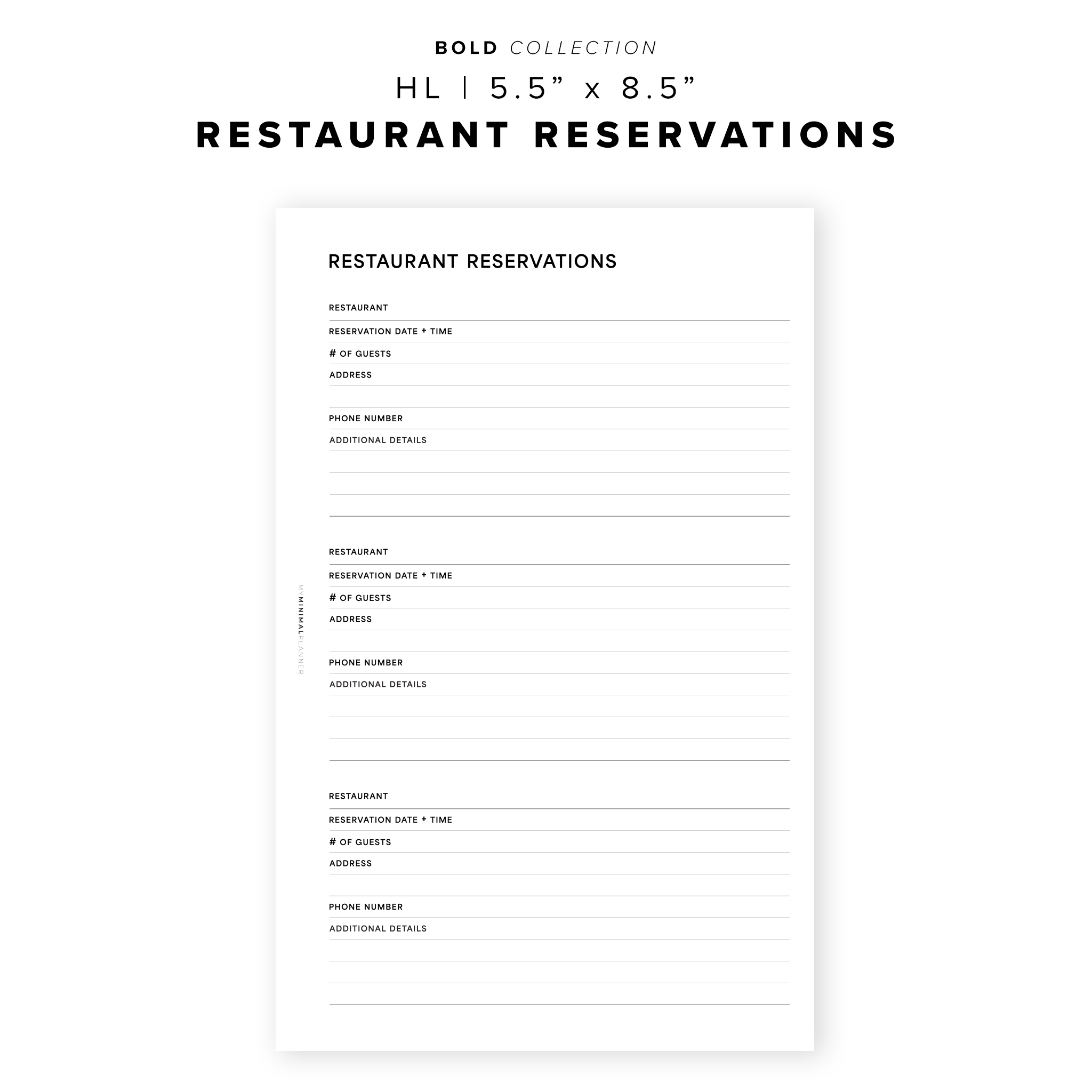 PR272 - Restaurant Reservations - Printable Insert – My Minimal Planner