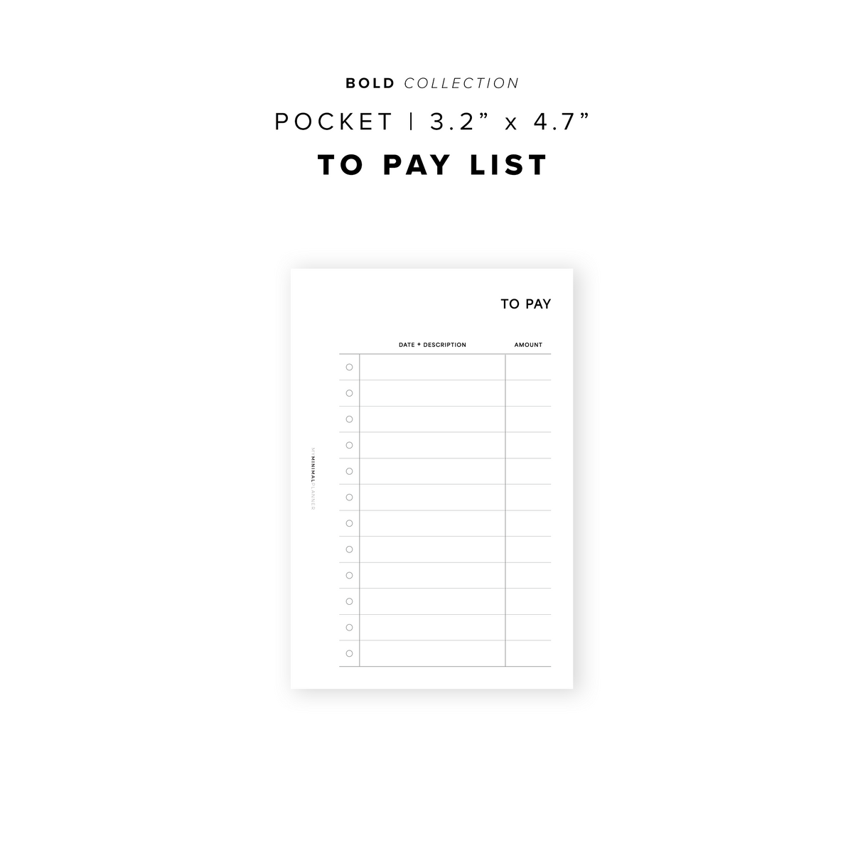 Paid Insert PR351 - To Pay List - Printable Insert – My Minimal Planner
