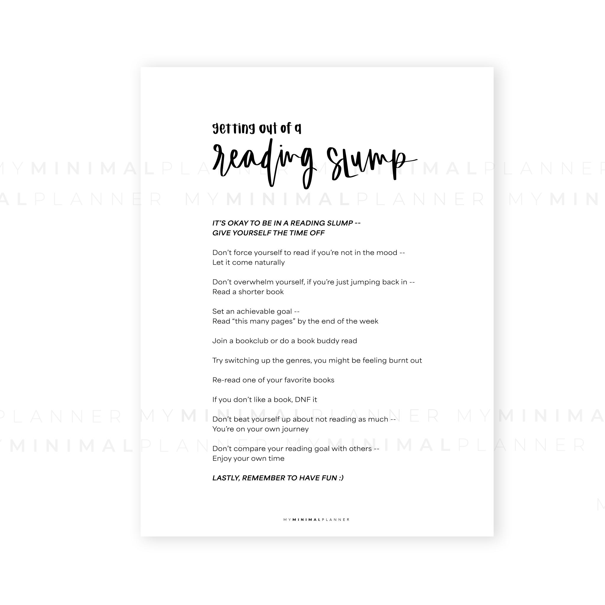 PRD177 - Reading Slump - Printable Dashboard – My Minimal Planner