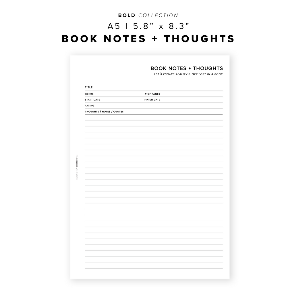 Notes Book Guide PR195 - Book Notes + Thoughts - Printable Insert – My Minimal Planner