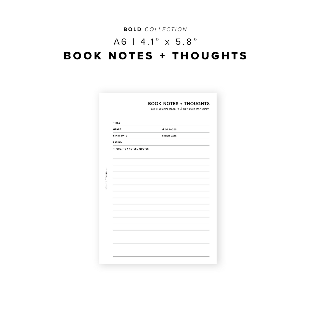 Random Booke Notes PR195 - Book Notes + Thoughts - Printable Insert โ My Minimal Planner