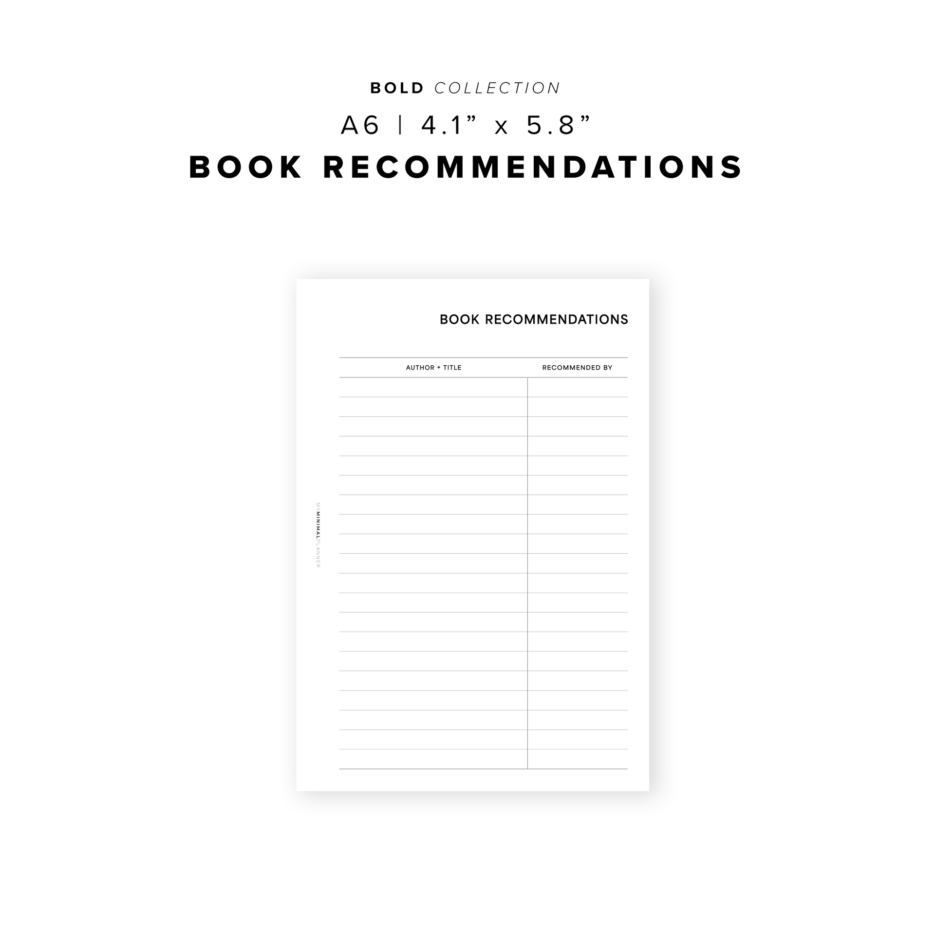 PR200 - Book Recommendations - Printable Insert – My Minimal Planner