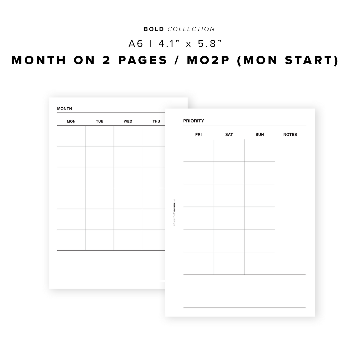 PR106 - Month on 2 Pages / MO2P - Printable Insert – My Minimal Planner