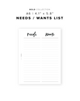 PR60 - Needs Wants List - Printable Insert
