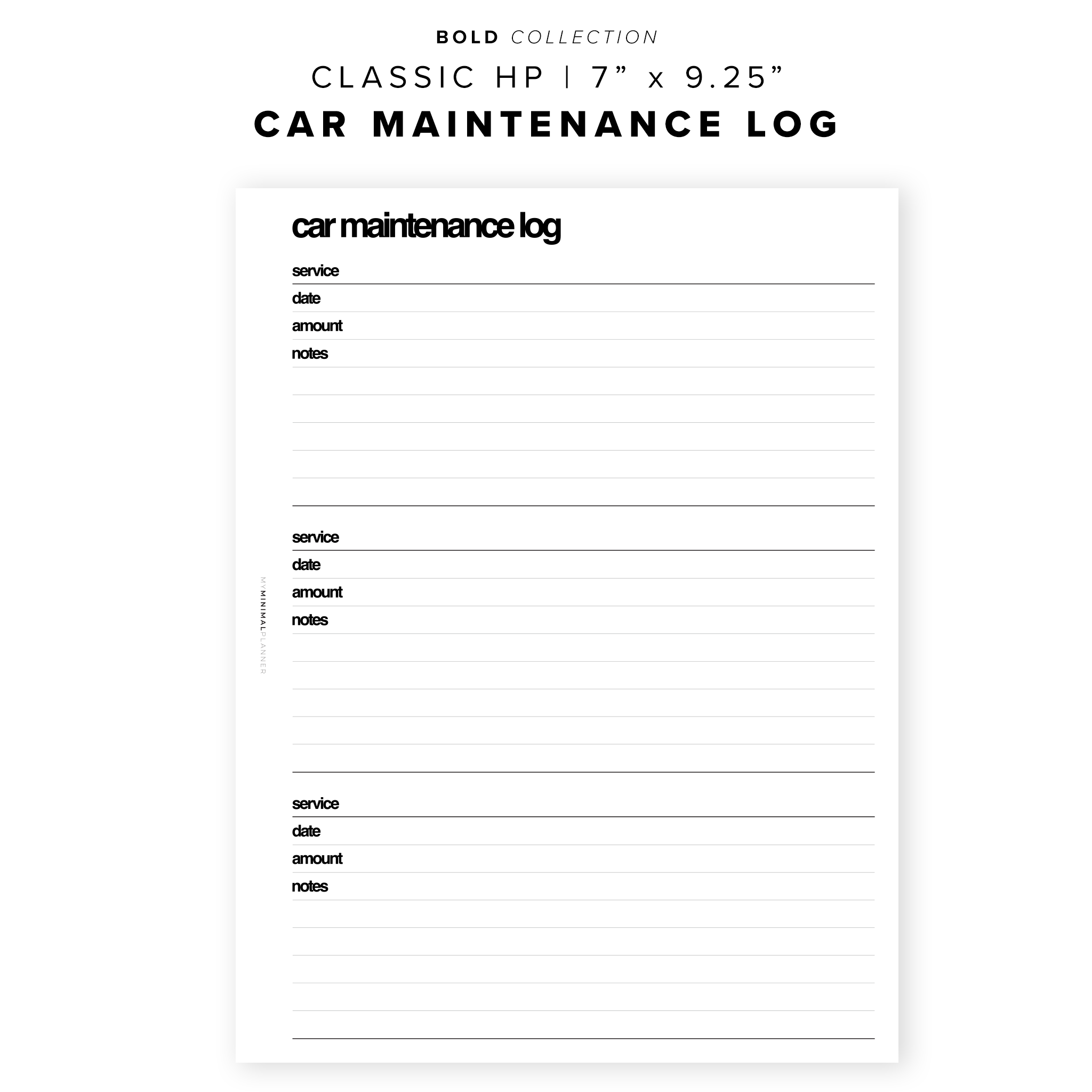 PR150 - Car Maintenance Log - Printable Insert