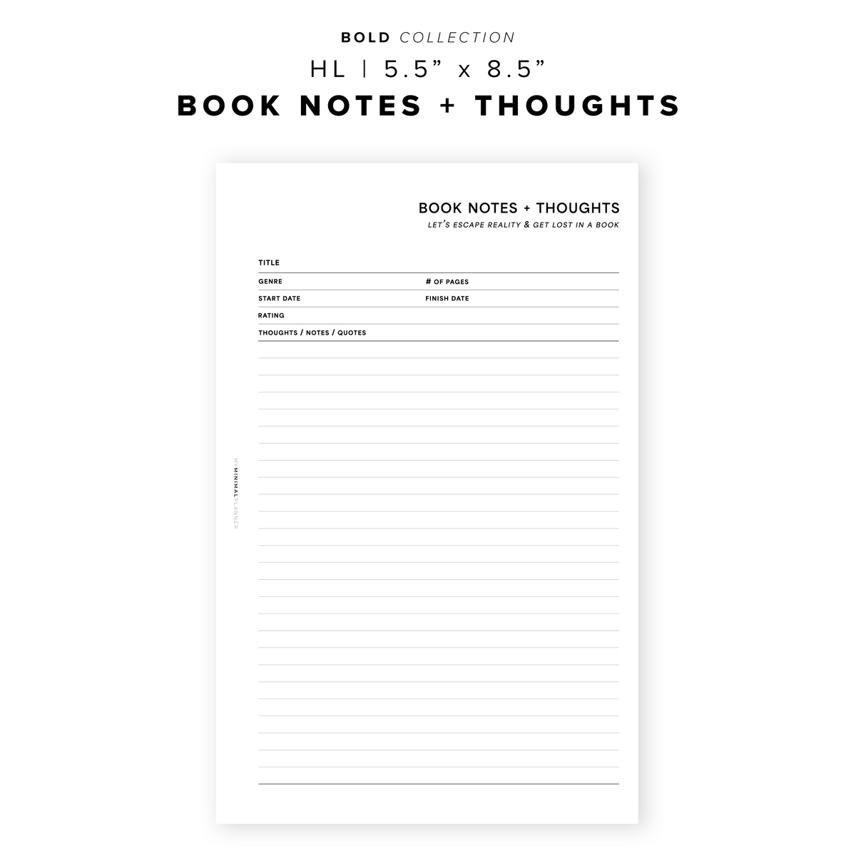 Note Form Novels PR195 - Book Notes + Thoughts - Printable Insert – My Minimal Planner