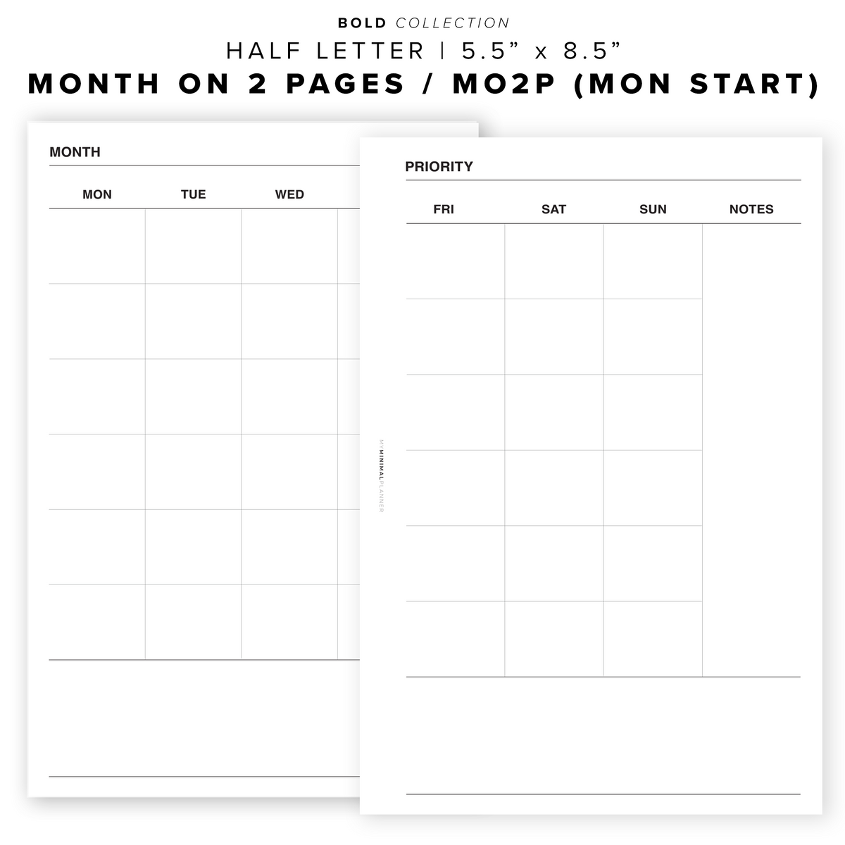 PR106 - Month on 2 Pages / MO2P - Printable Insert – My Minimal Planner