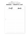 PR60 - Needs Wants List - Printable Insert