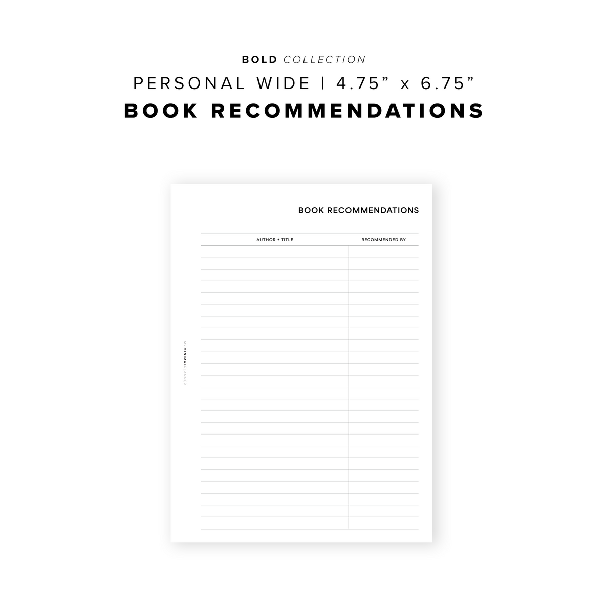Book Insert Examples PR200 - Book Recommendations - Printable Insert – My Minimal Planner