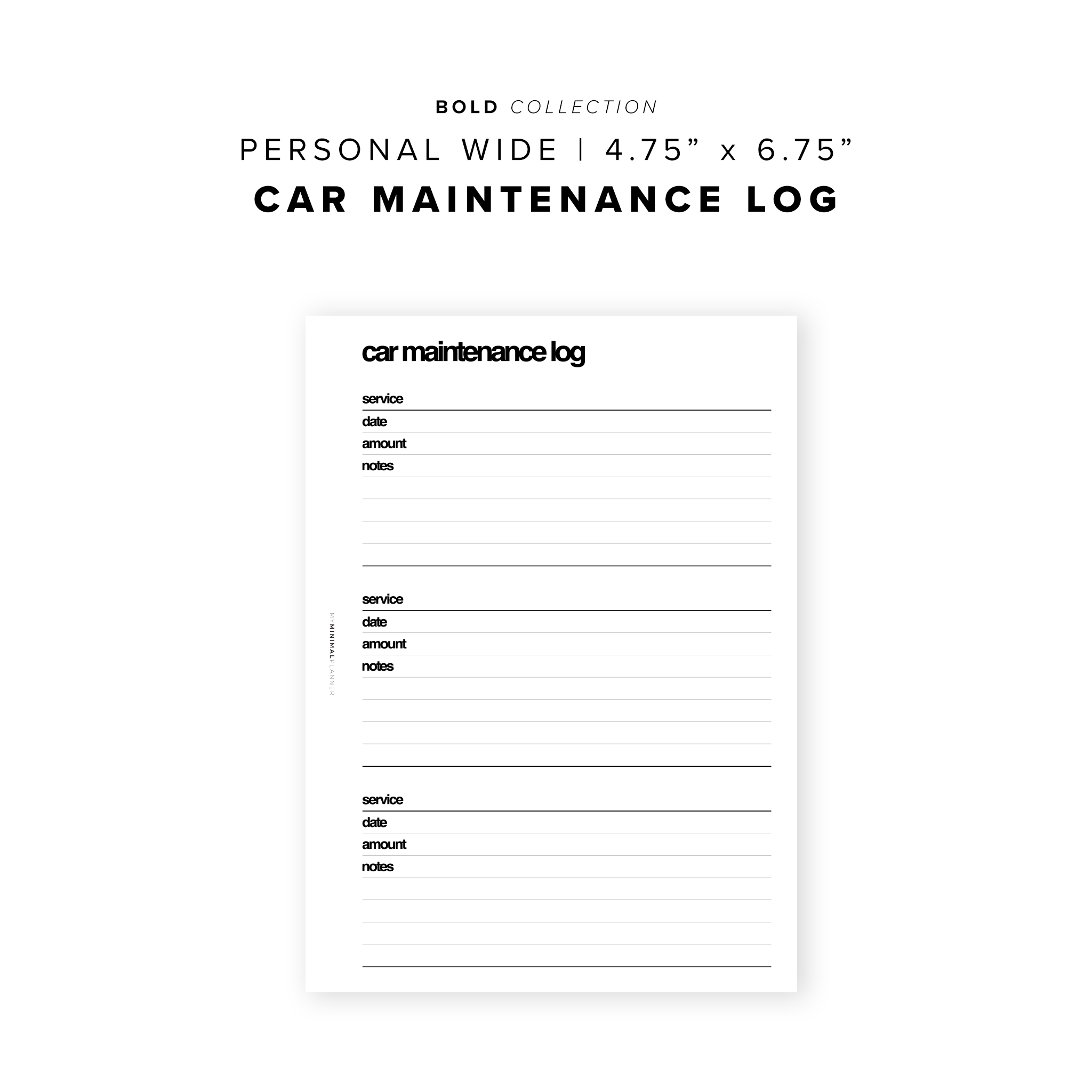 PR150 - Car Maintenance Log - Printable Insert