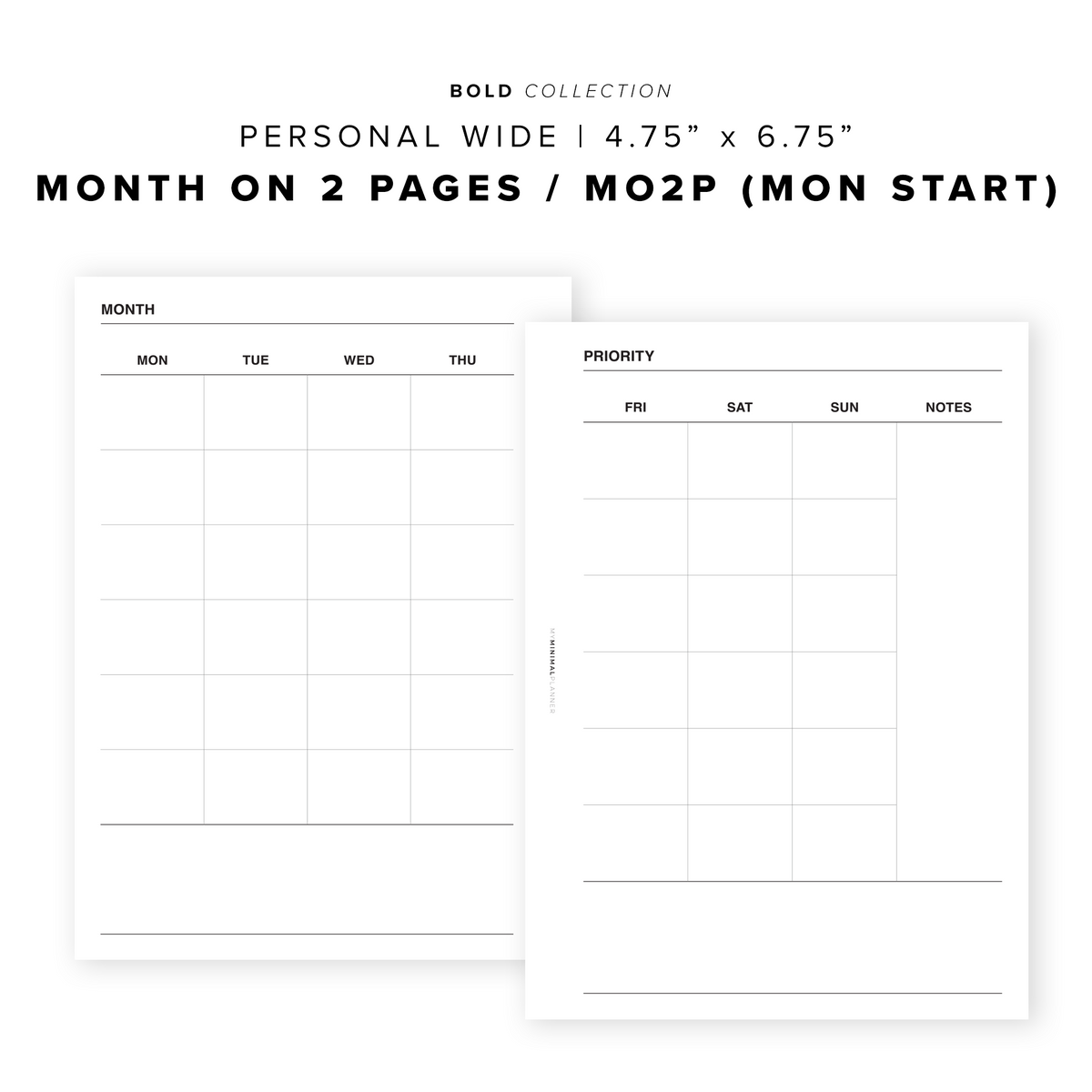PR106 - Month on 2 Pages / MO2P - Printable Insert – My Minimal Planner