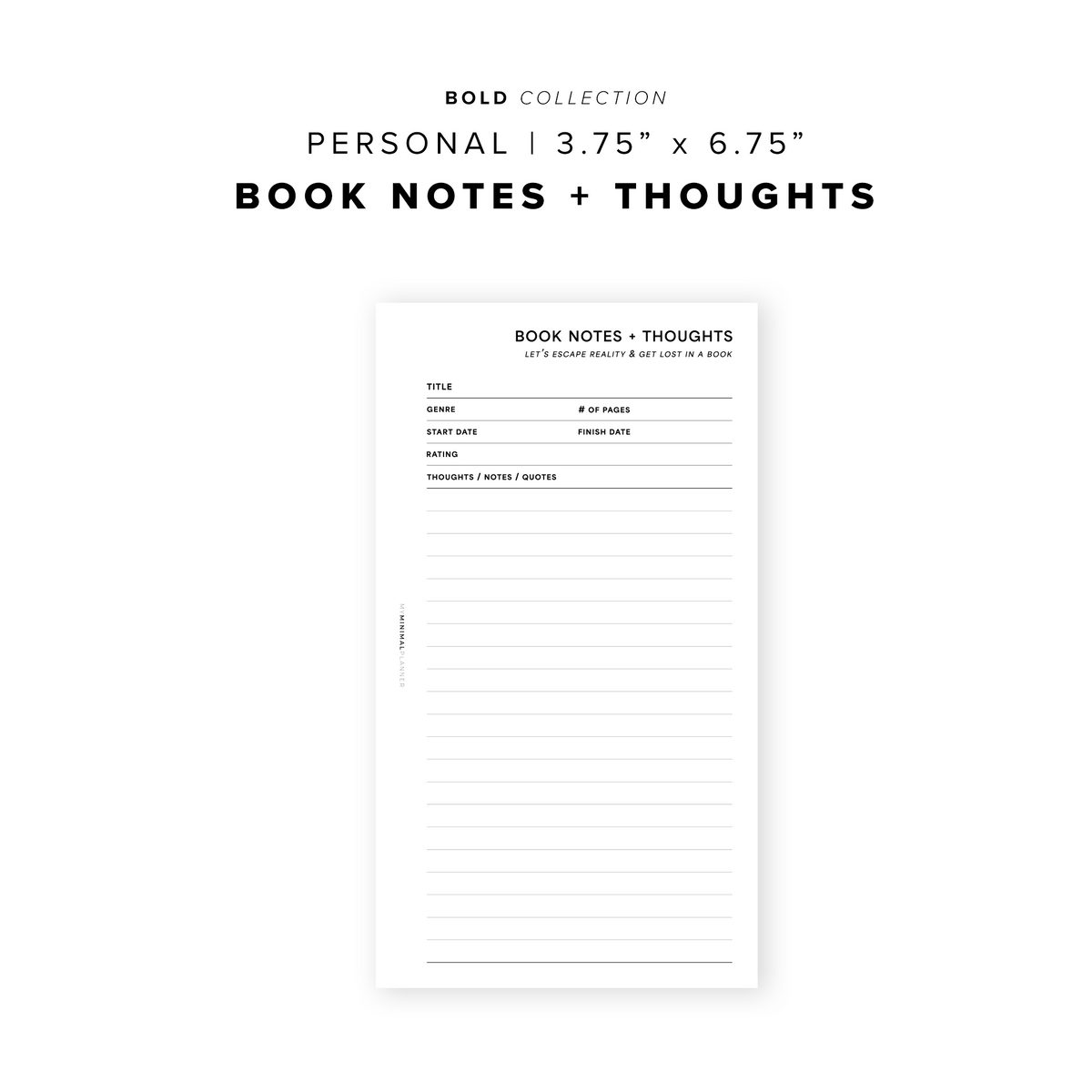 Book Note Form PR195 - Book Notes + Thoughts - Printable Insert – My Minimal Planner