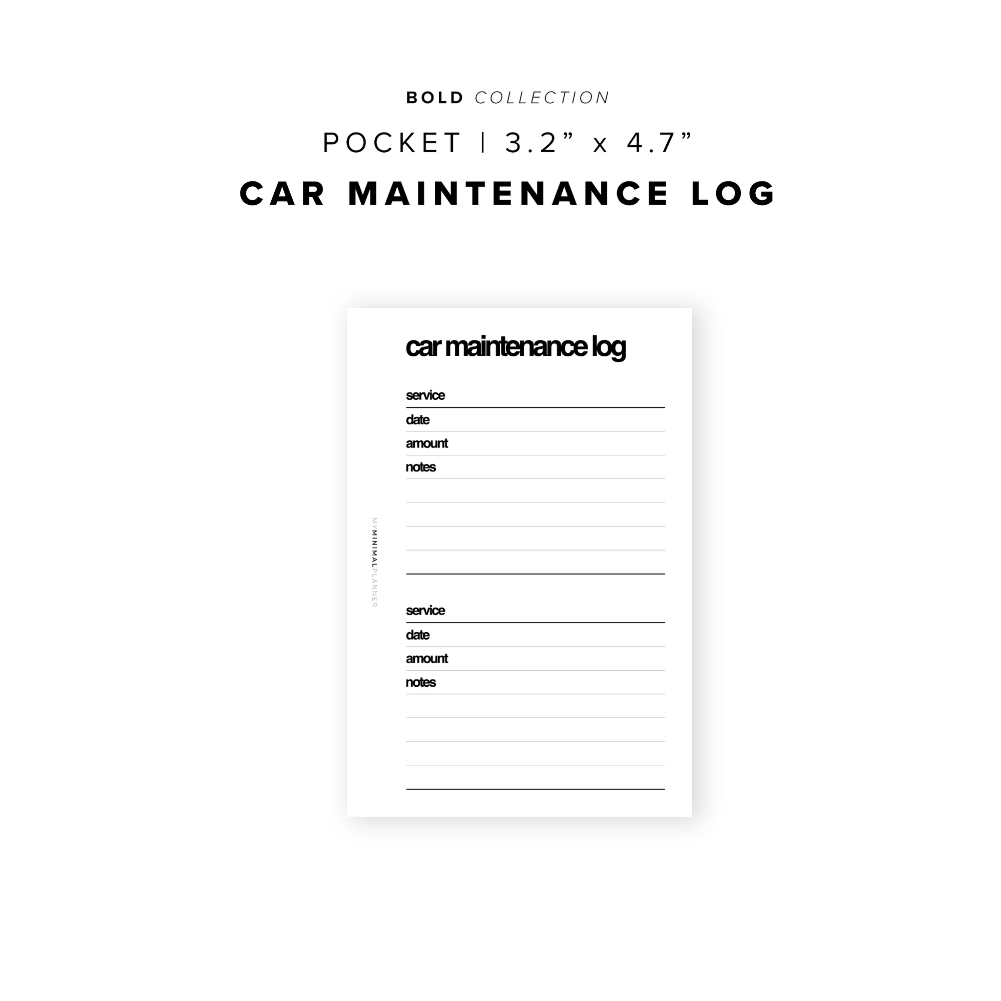 PR150 - Car Maintenance Log - Printable Insert